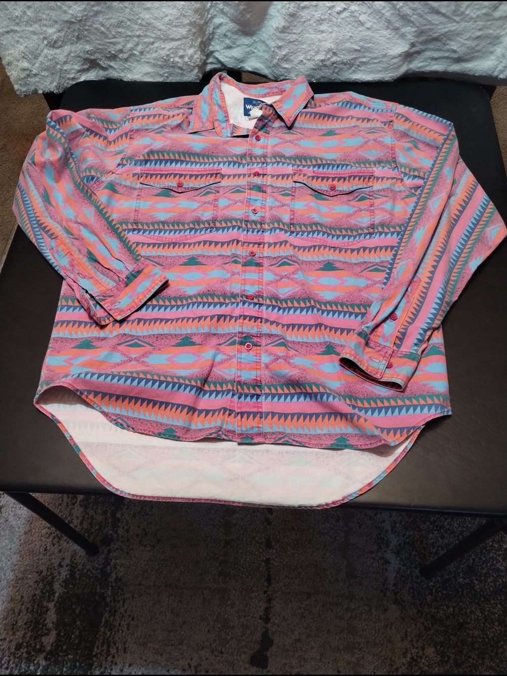 Wrangler Southwestern Print Brush Popper Button-Down Shirt - Pink & Blue Sz Lg